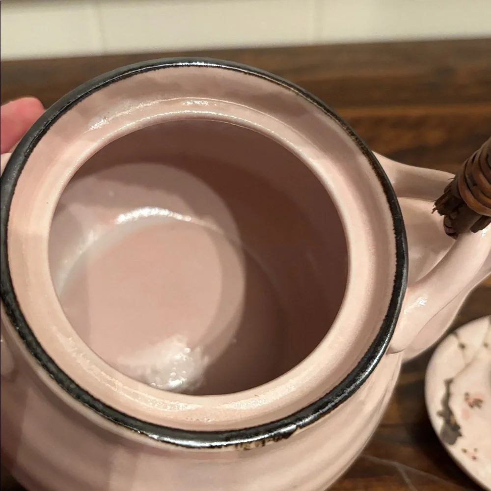 Vintage Sousaku Japan Ceramic Pink Teapot Cherry Blossoms Bamboo Handle - Picture 7 of 8